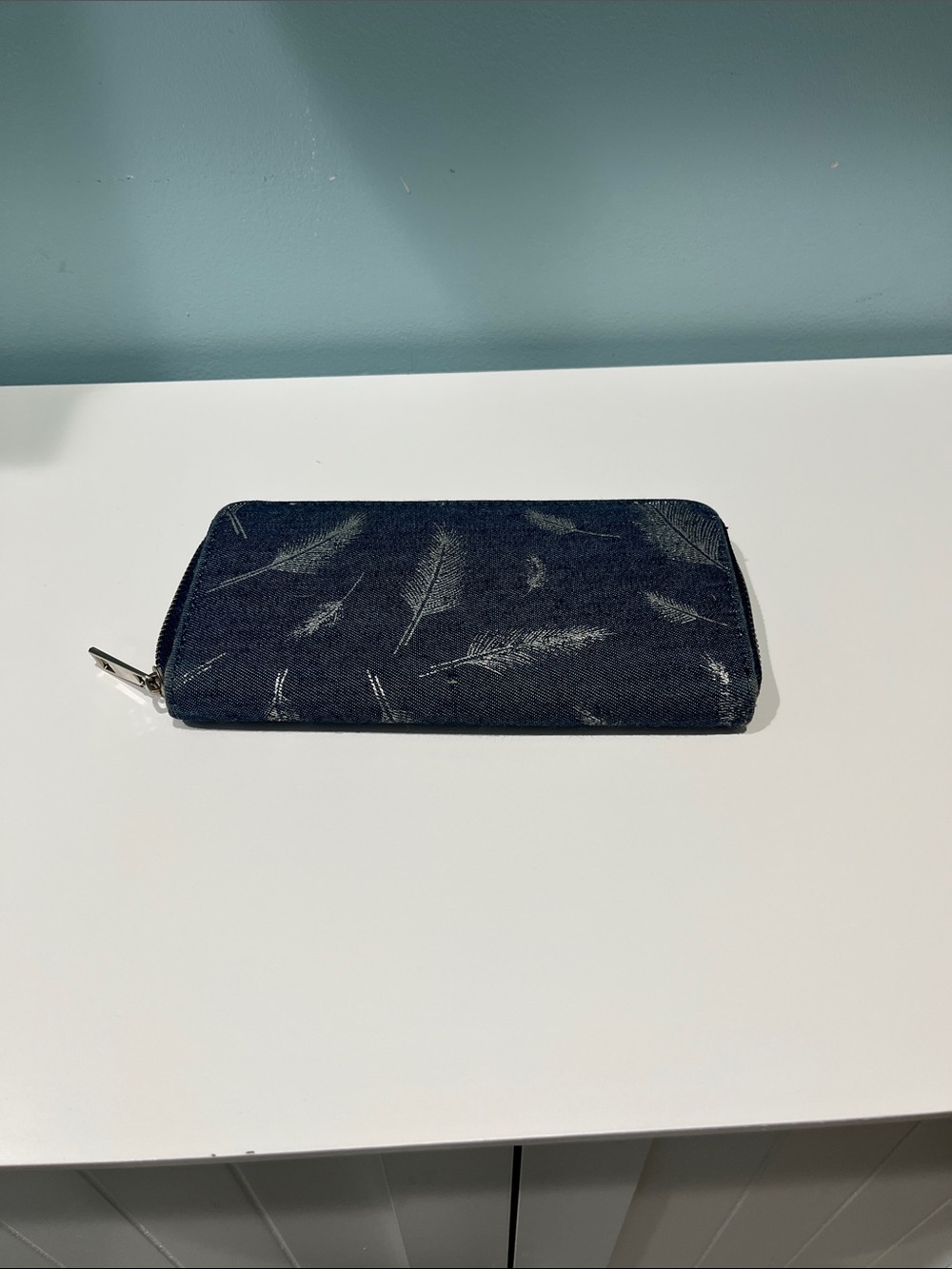 Feather Print Zip-Around Wallet in Navy